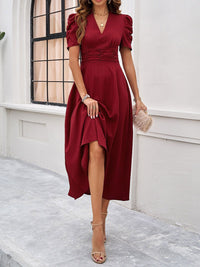 all about you Red V-Neck Puff Sleeve Gathered Fit & Flare Midi Dress
