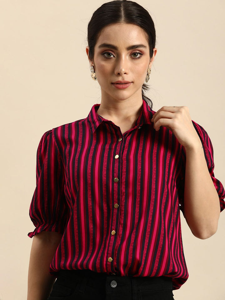 all about you Women Puff Sleeves Spread Collar Striped Casual Shirt