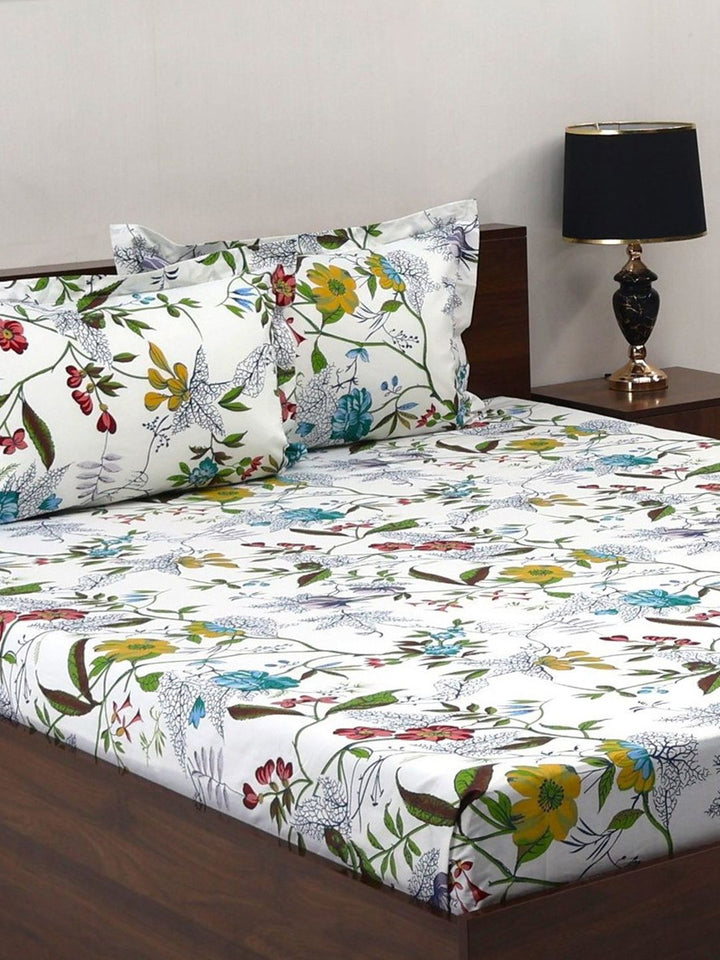 BOMBAY DYEING Green & White Floral Pure Cotton 140 TC Queen Bedsheet Set 2.28 x 2.54 Mts