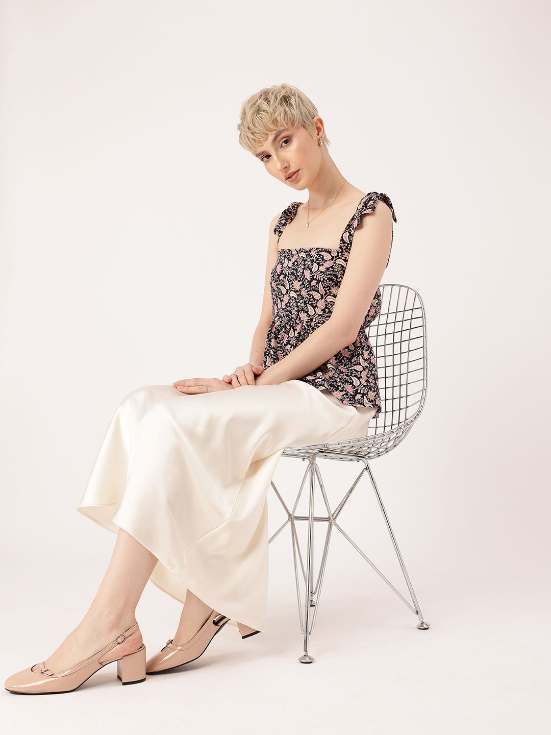 DressBerry Floral Printed Tie-Up Straps Gathers A-Line Top