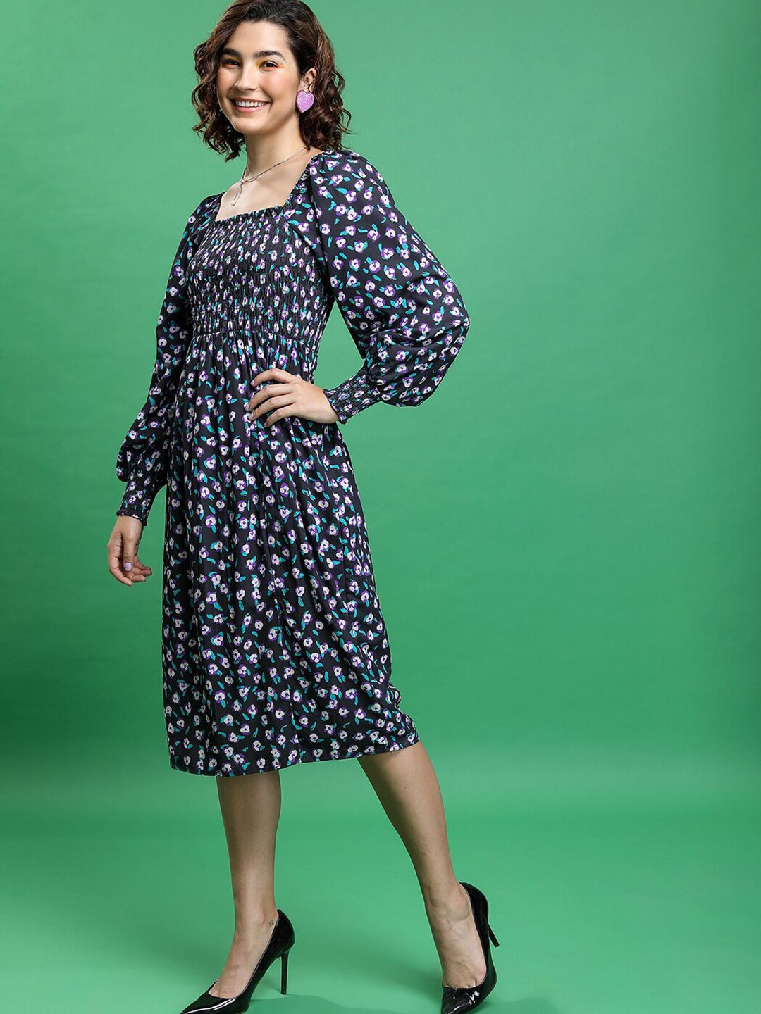 Tokyo Talkies Black Floral Print Puff Sleeve Fit & Flare Dress