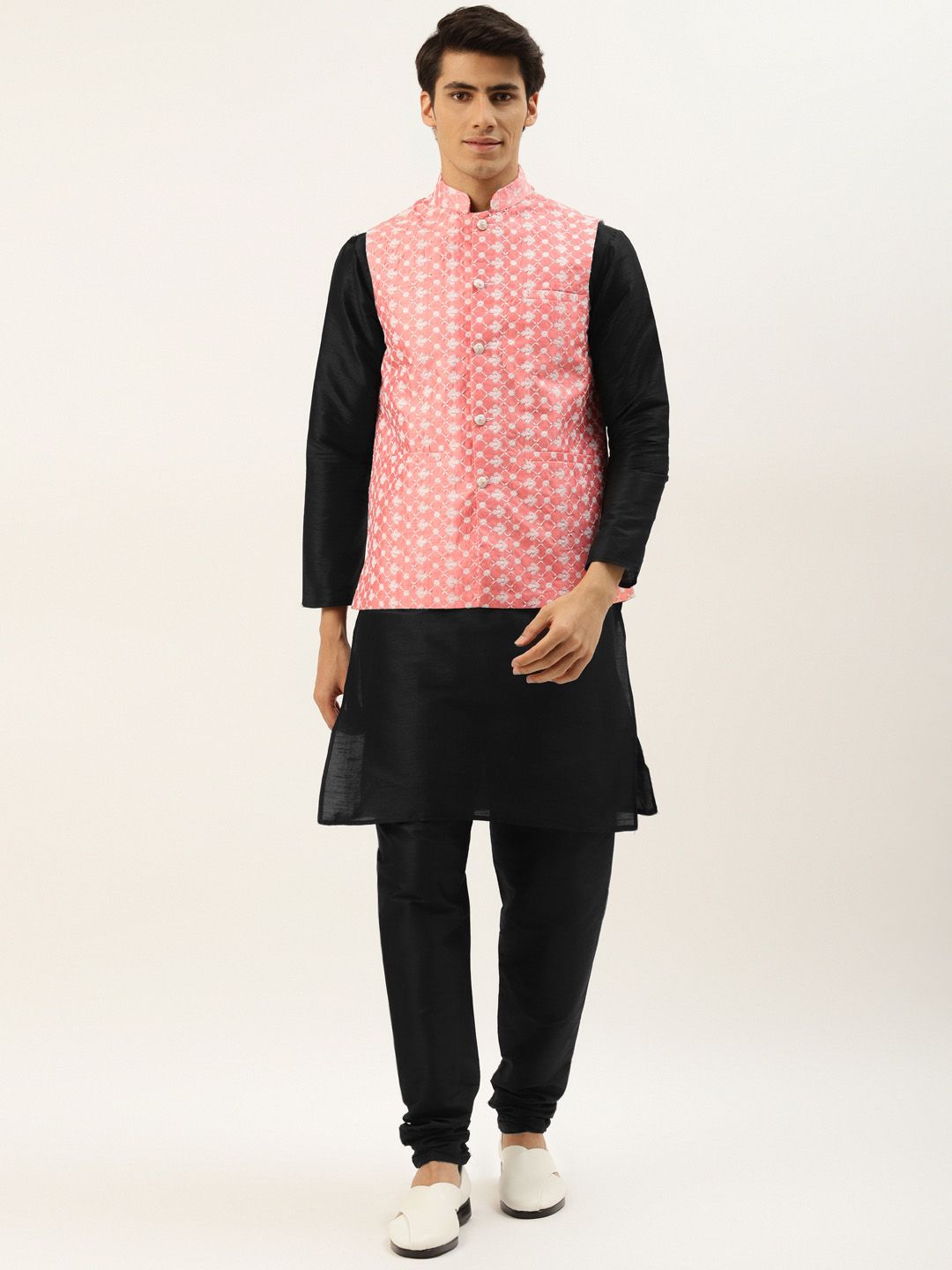 SOJANYA Men Black Ethnic Motifs Thread Work Kurta with Churidar & Nehru Jacket