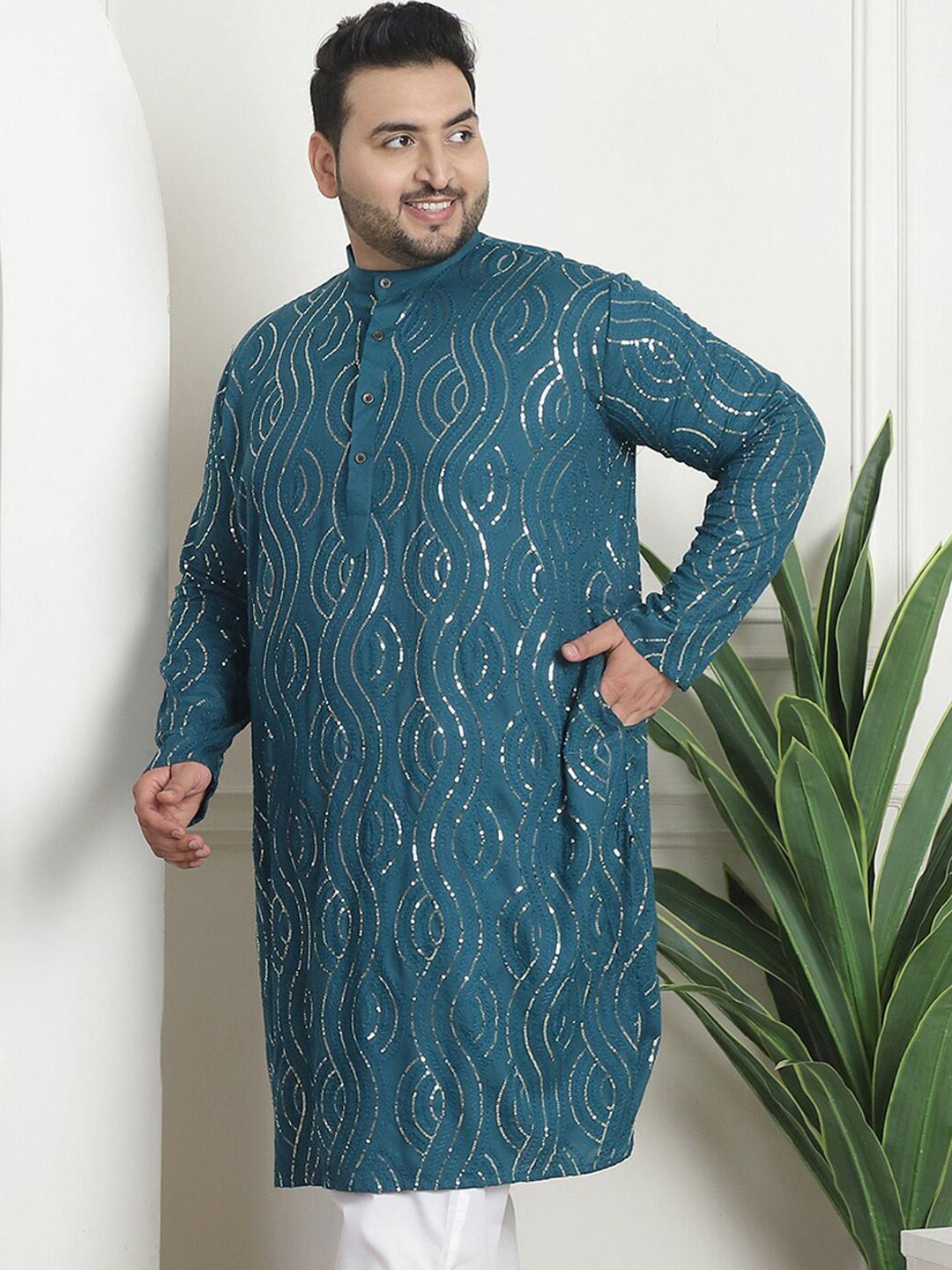 SOJANYA PLUS PLus Size Ethnic Motifs Embroidered Band Collar Long Sleeves Straight Kurta