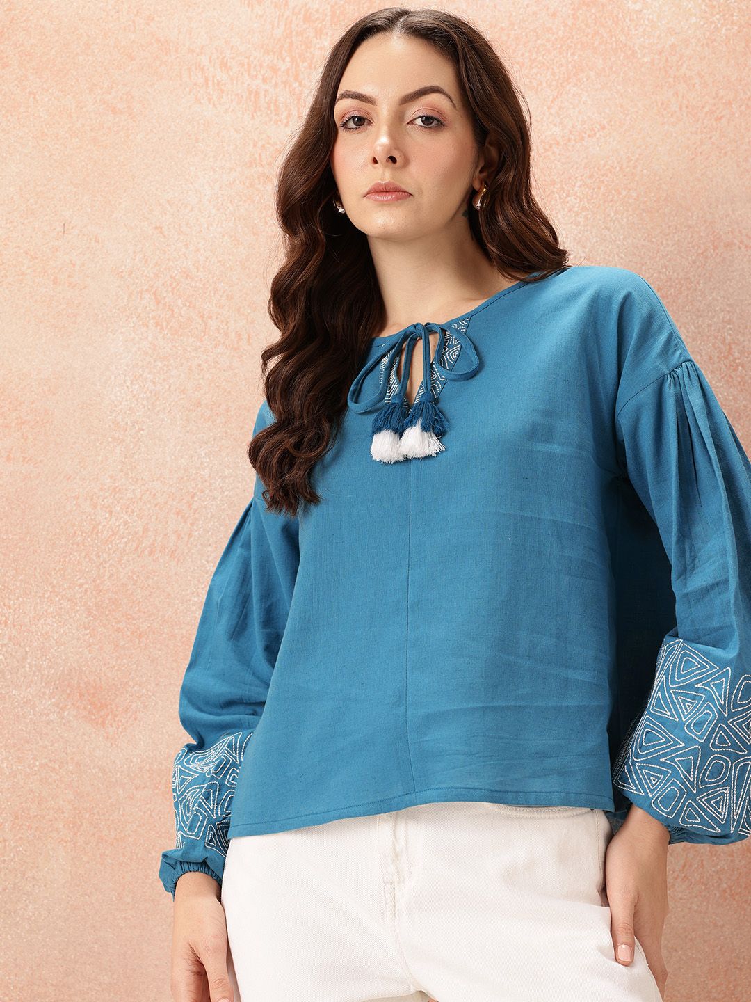 all about you Tie-Up Neck Puff Sleeves Cotton - Linen Top