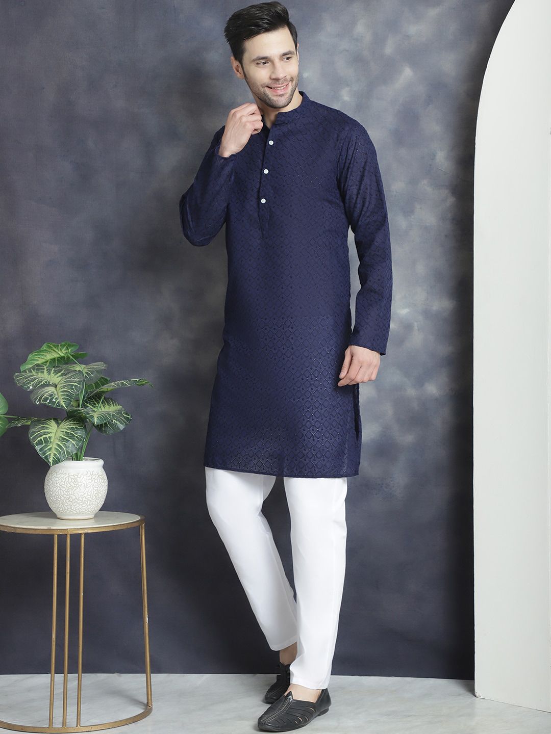 Anouk Ethnic Motifs Embroidered Regular Chikankari Pure Cotton Kurta With Pyjamas