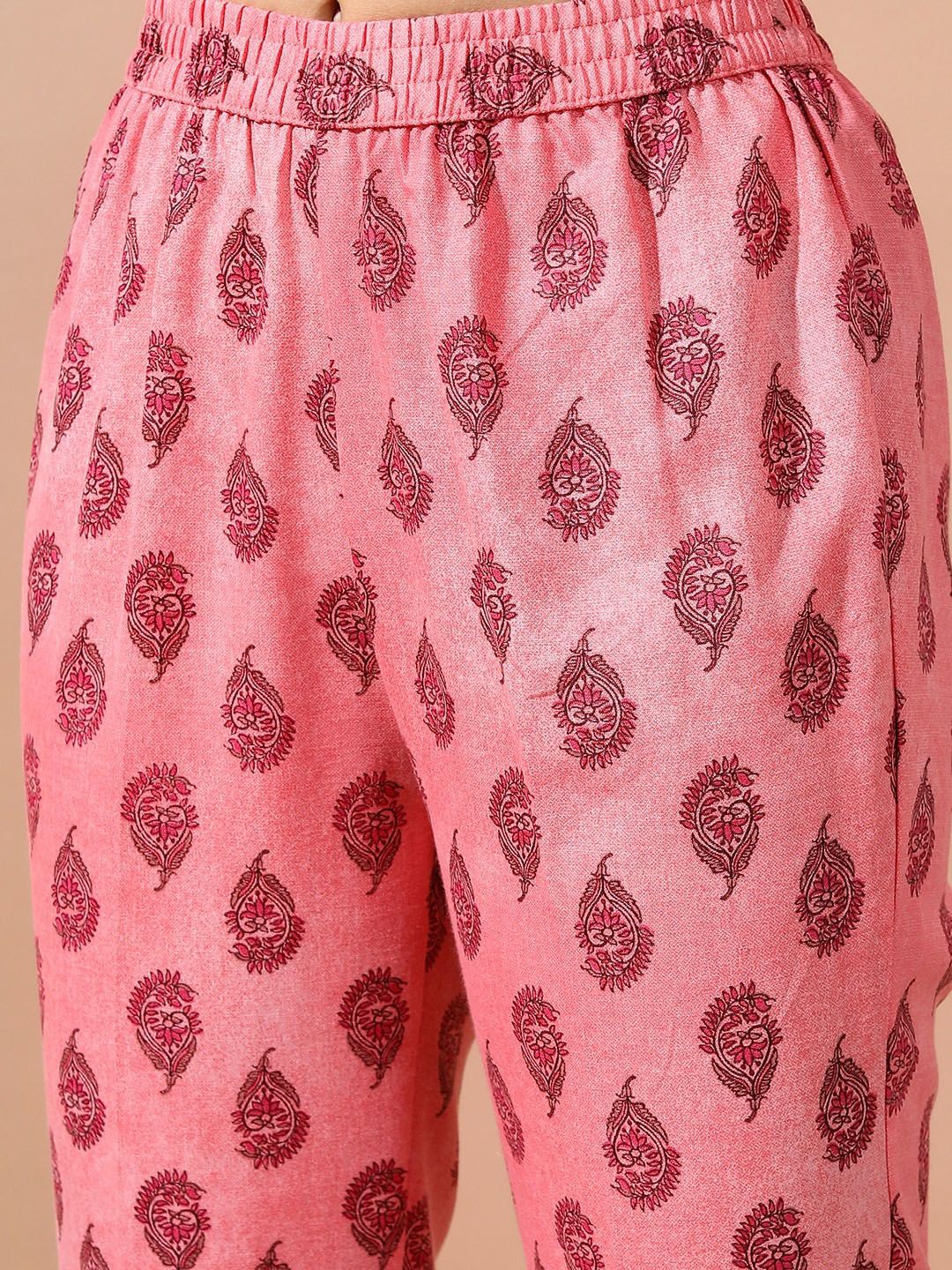 Vishudh Pink Ethnic Motifs Printed Angrakha Kurta With Trousers & Dupatta