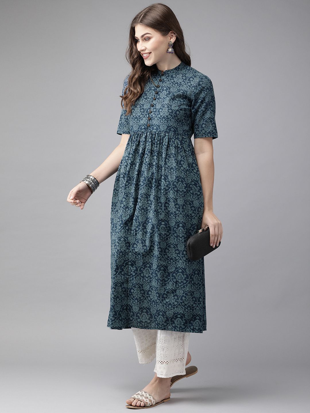 Anouk Women Navy Blue Printed A-Line Kurta with Gathered Detail