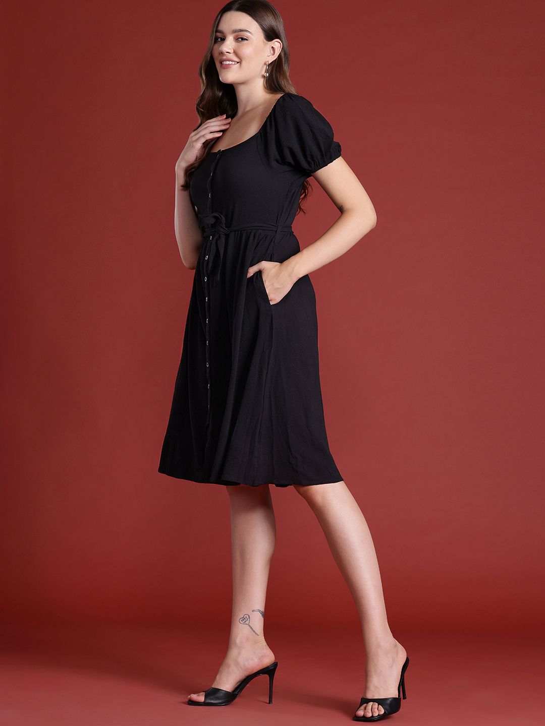 all about you Puff Sleeve Belted A-Line Dress