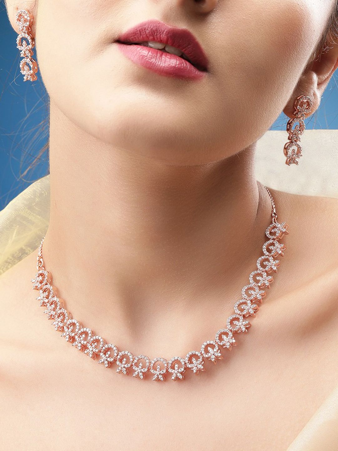 Rubans Rose Gold-Toned White CZ-Studded Handcrafted Jewellery Set