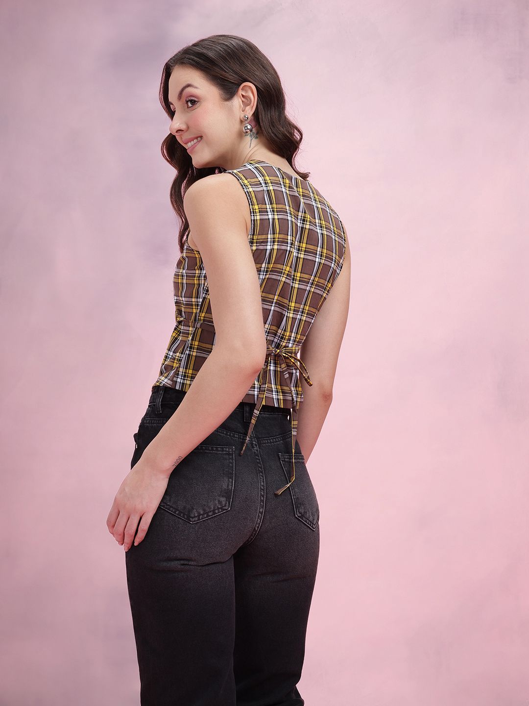 DressBerry Checked Wrap Top With Waist Tie-Ups