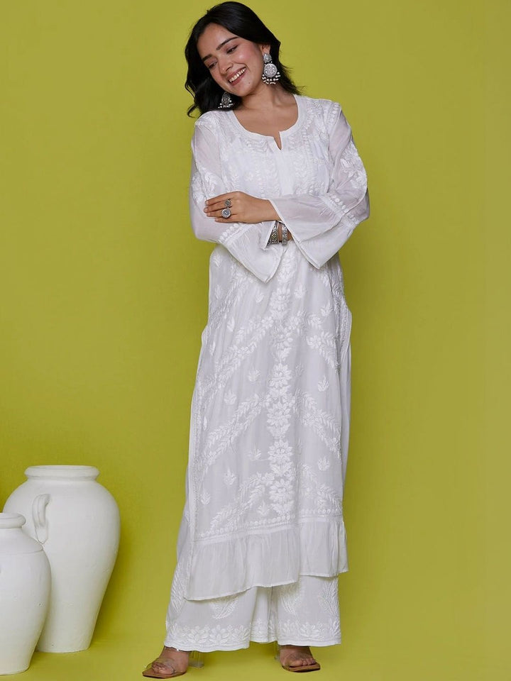 Rumah Chikankari Wanita Sulam Lengan Berkobar Chikankari White Romance Kurta