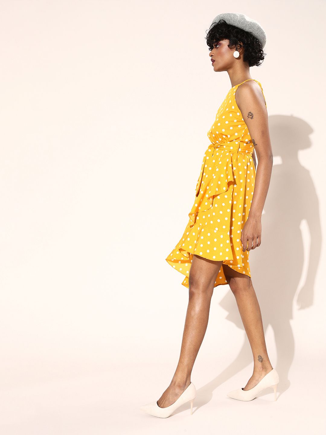 Berrylush Yellow & White Polka Dot Print Asymmetrical Midi Fit & Flare Dress
