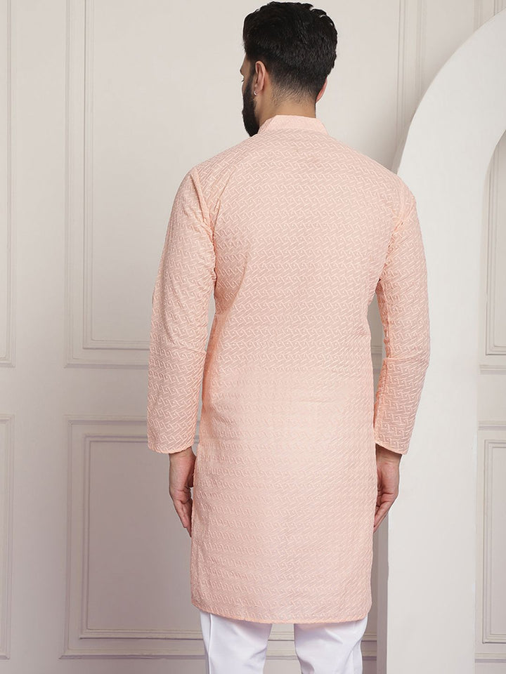SOJANYA Men Peach-Coloured Ethnic Motifs Embroidered Chikankari Kurta