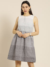 ether Kora Collection Women White & Grey Striped Handloom Sustainable A-line Dress