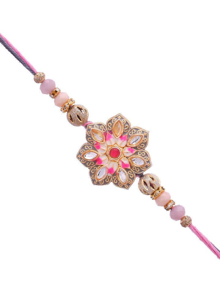 Voylla Meenakari Kundan Embellished Pink Floral Enamel Work Rakhi