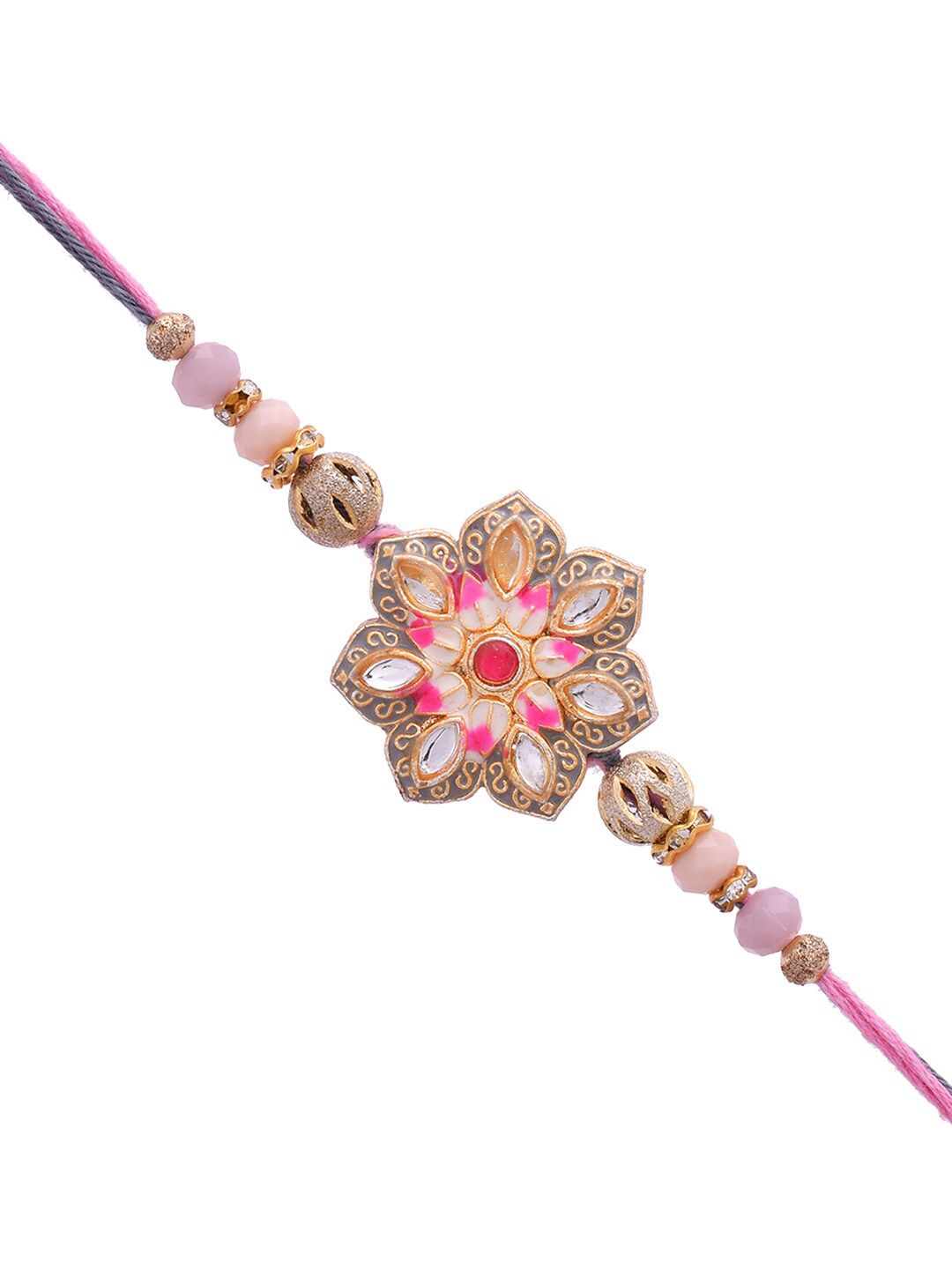 Voylla Meenakari Kundan Embellished Pink Floral Enamel Work Rakhi