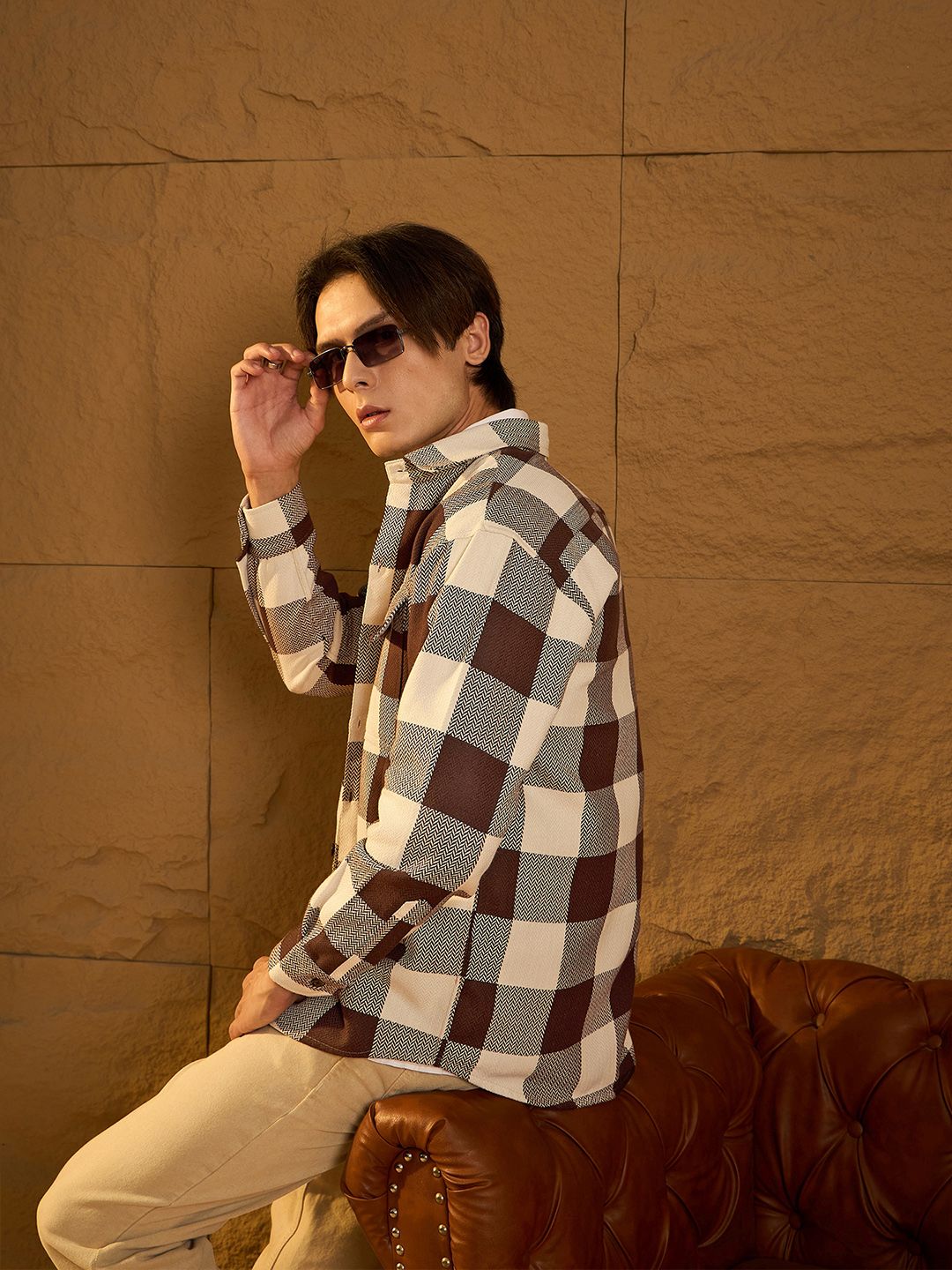 DENNISON Men Double Pocket Drop Shoulder Oversized Cotton Checked Shacket