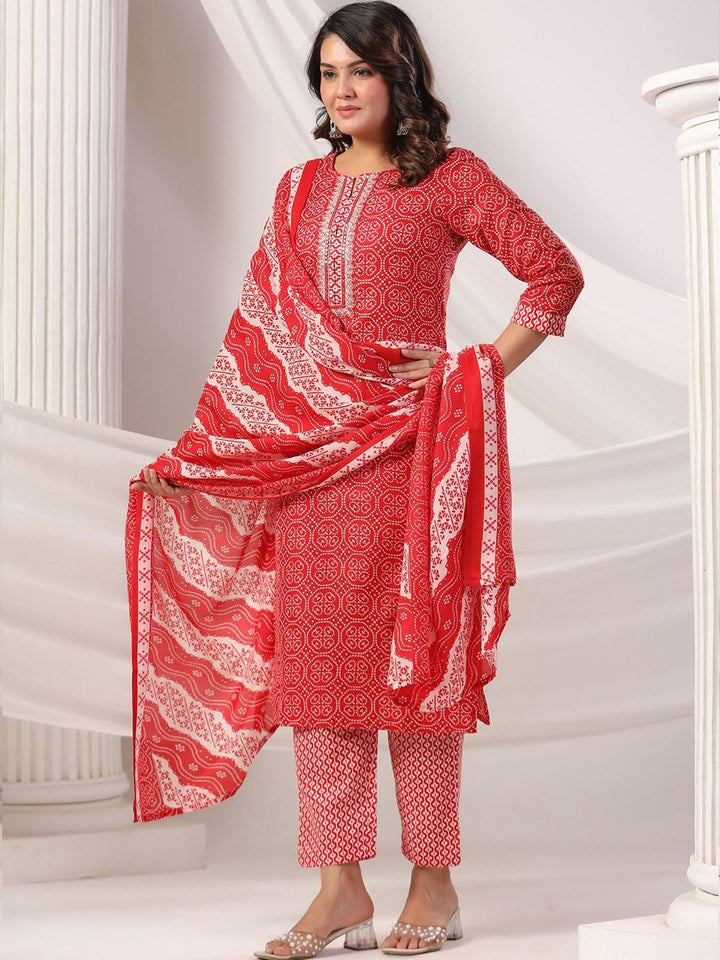 Indo Era Bandhani Printed Notch Neck Pure Cotton Kurta With Trousers & Dupatta