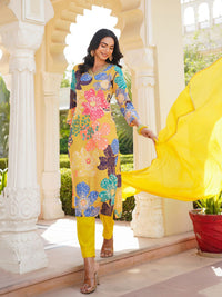 KALINI Floral Printed V-Neck Straight Kurta With Trousers & Dupatta