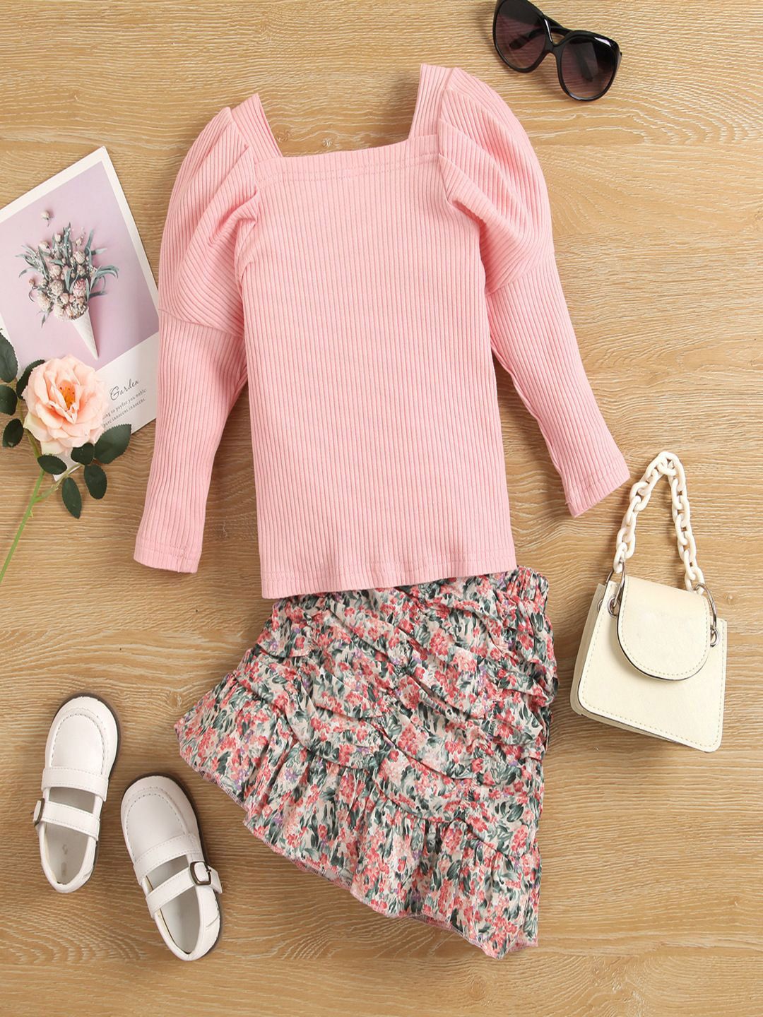 YK Girls Ribbed Long Sleeve Top & Skirt Clothing Set
