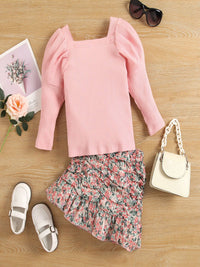 YK Girls Ribbed Long Sleeve Top & Skirt Clothing Set