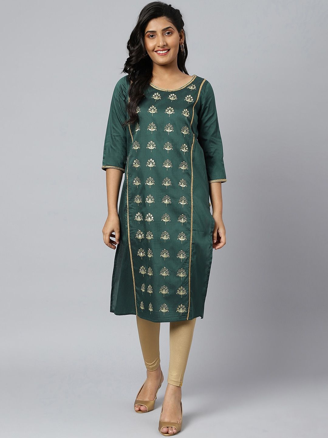 Wanita aurelia hijau zari bersulam etnik liva kurta