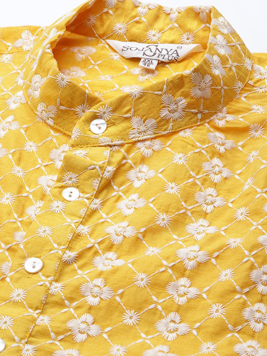 SOJANYA PLUS Men Yellow & White Chikankari Embroidered Kurta with Churidar & Nehru Jacket