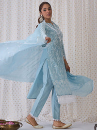 Indo Era Floral Embroidered Regular Thread Work Pure Cotton Kurta with Trousers & Dupatta