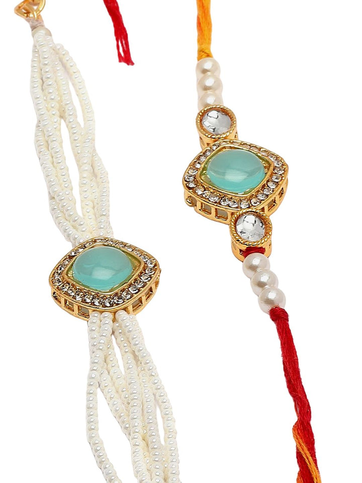 PANASH Set Of 2 Gold-Plated Stone-Studded & Beaded Rakhis With Roli Chawal
