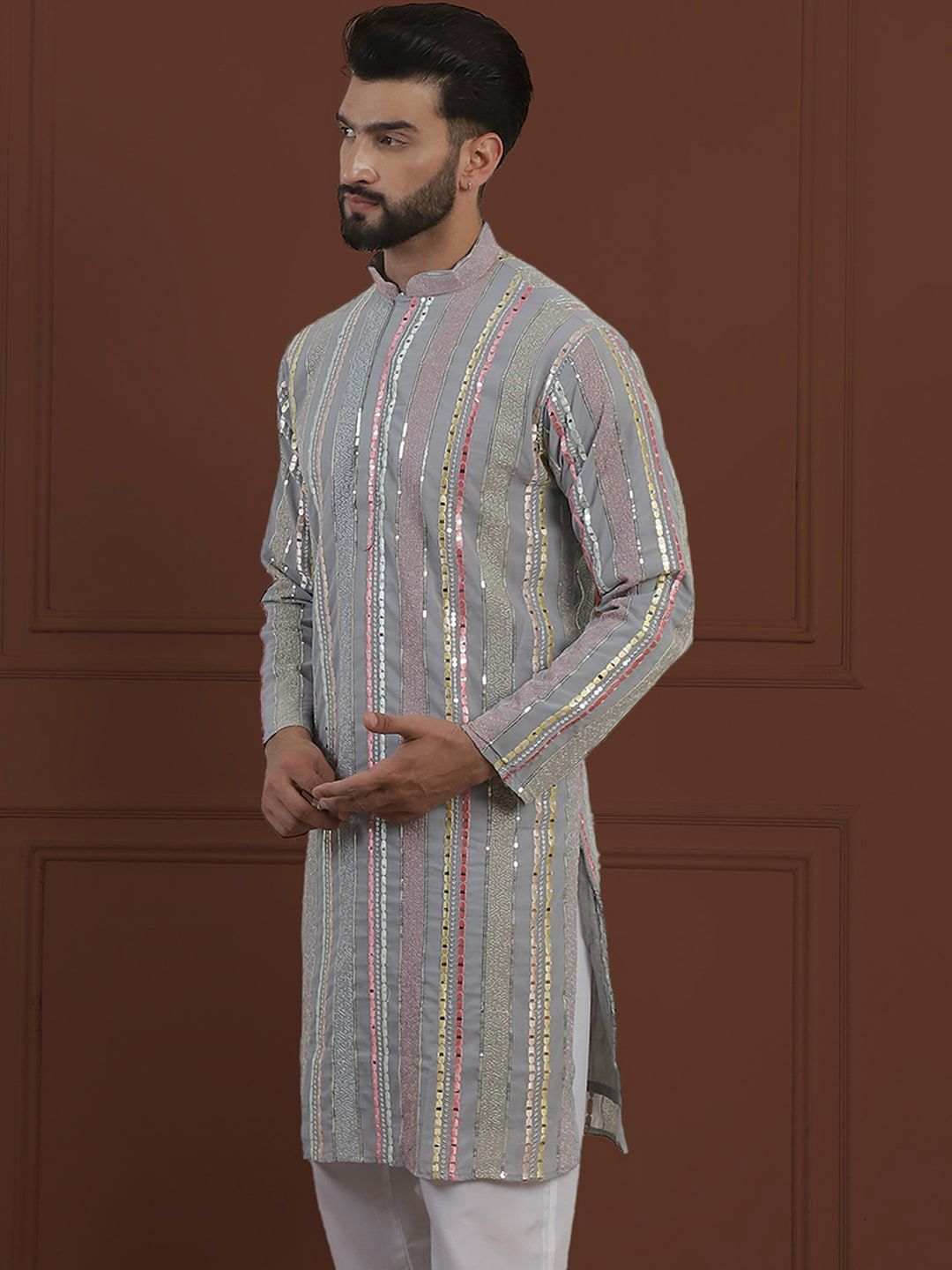 SOJANYA LUXE Kurta Lurus Kolar Mandarin Bersulam Geometrik