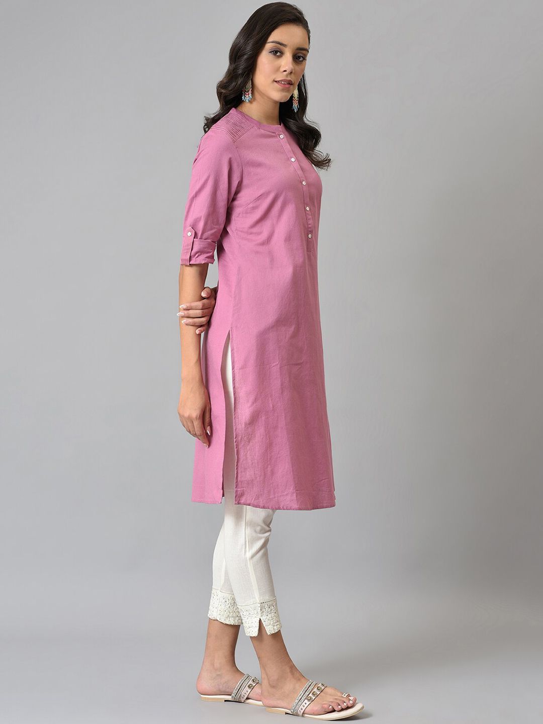W Pink Roll-Up Sleeves Pathani Kurta