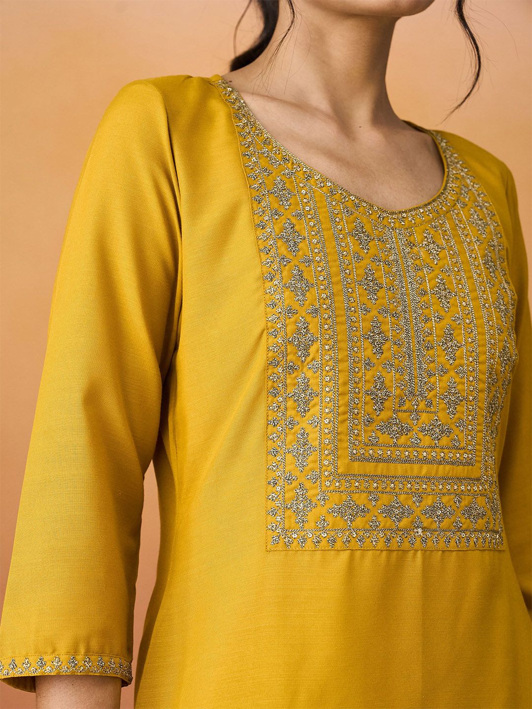 KALINI Ethnic Motifs Yoke Design Thread Work Straight Kurta With Trousers & Dupatta