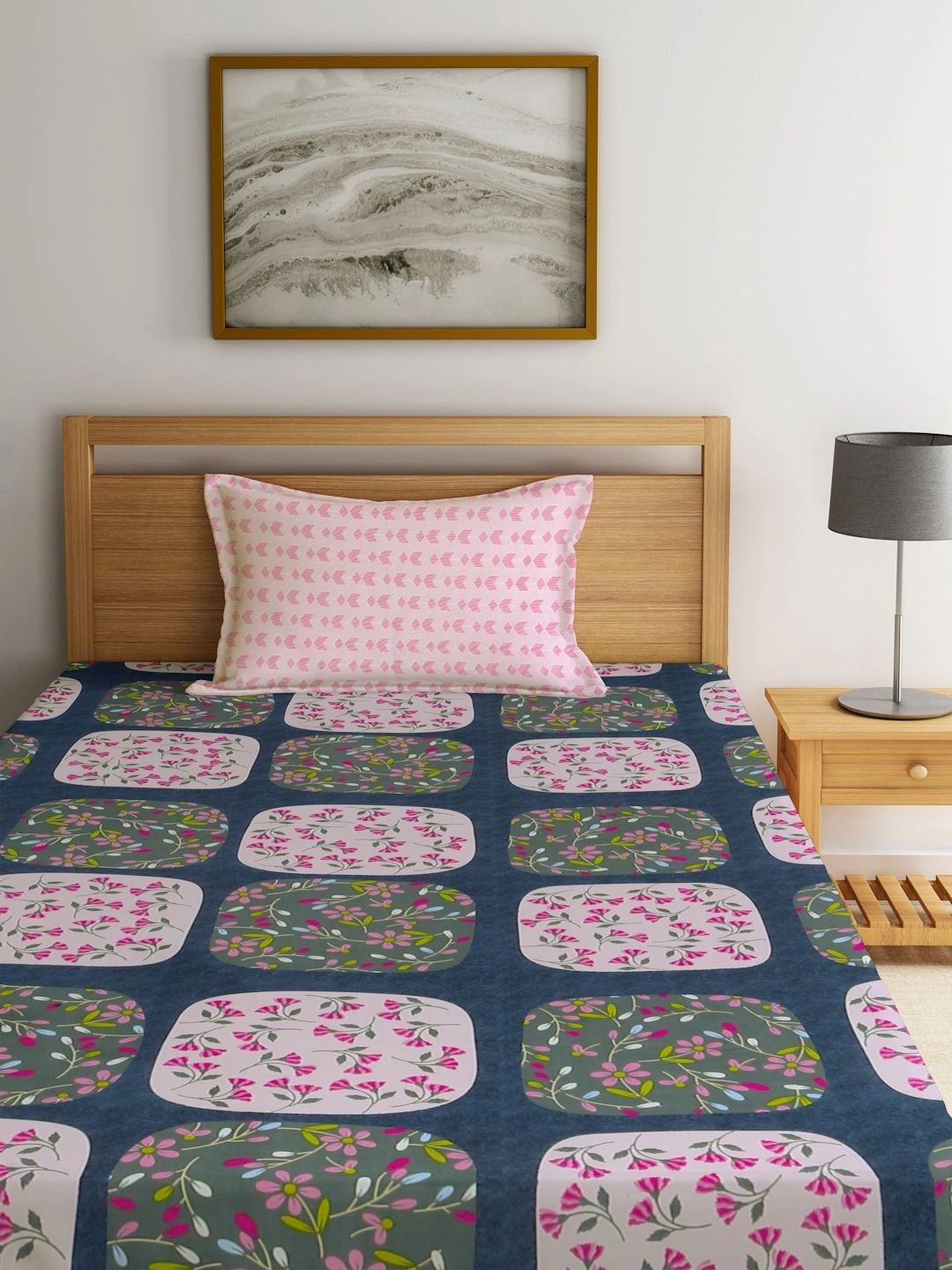Myntra Elegant Homes Pink & Blue Floral 300 TC Single Bedsheet with 1 Pillow Covers