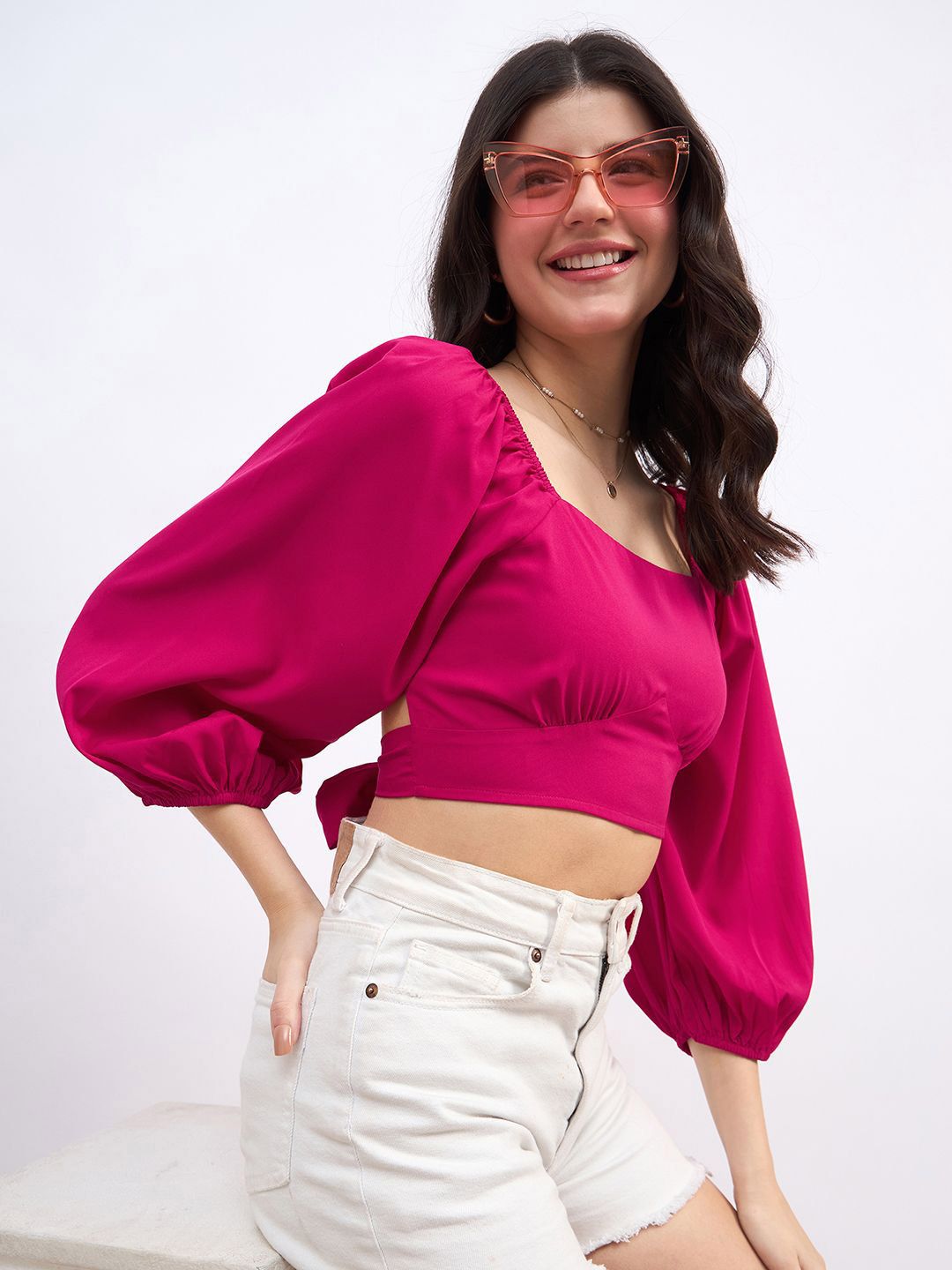 Berrylush Puff Sleeve Styled Back Crop Top
