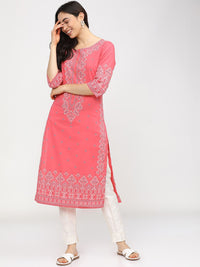 Vishudh Women Pink & White Geometric Printed Cotton Kurta