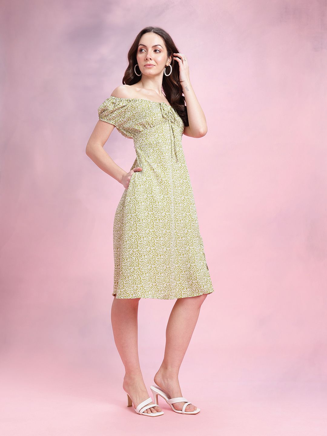 DressBerry Abstract Printed Off-Shoulder Puff Sleeve Empire Dress with Slit Detail
