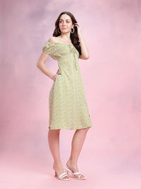 DressBerry Abstract Printed Off-Shoulder Puff Sleeve Empire Dress with Slit Detail