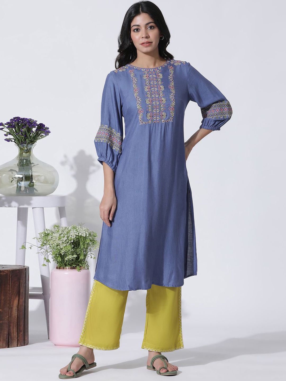 W Floral Embroidered Straight Kurta with Palazzos