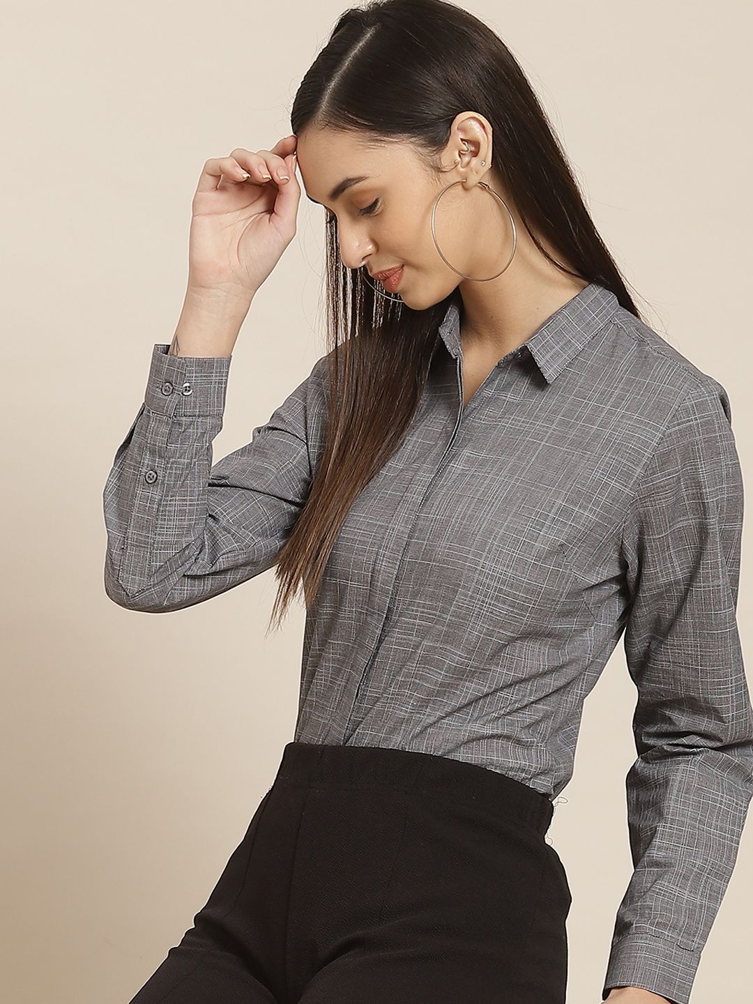 Hancock Women Grey Standard Slim Fit Cotton Formal Shirt