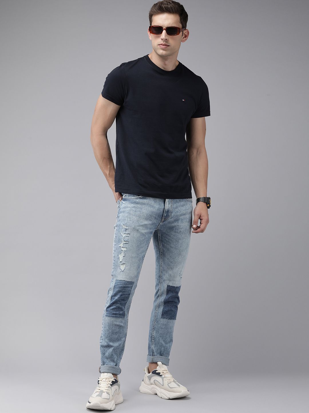 SPYKAR Men Regular Fit Low-Rise Mildly Distressed Stretchable Jeans With Patchwork Detail