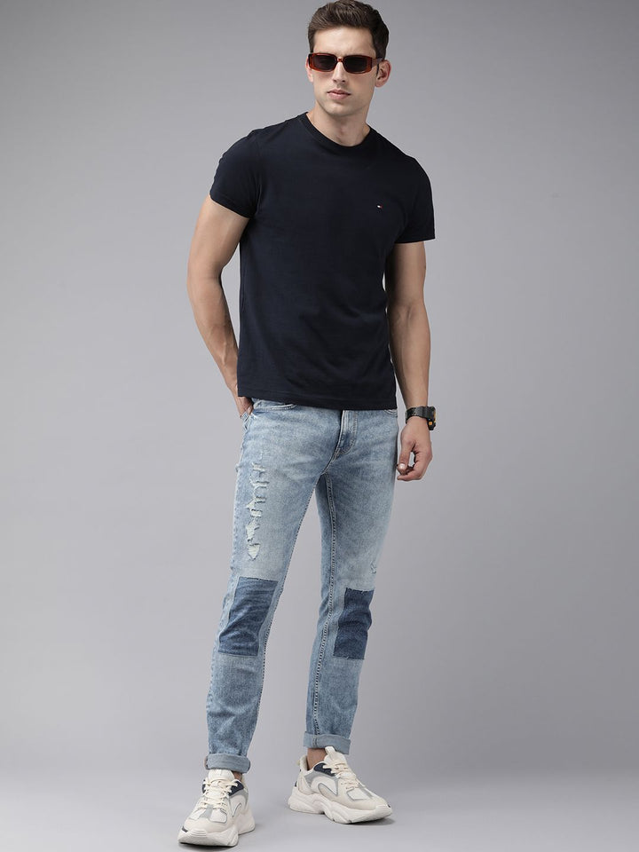 SPYKAR Men Regular Fit Low-Rise Mildly Distressed Stretchable Jeans With Patchwork Detail