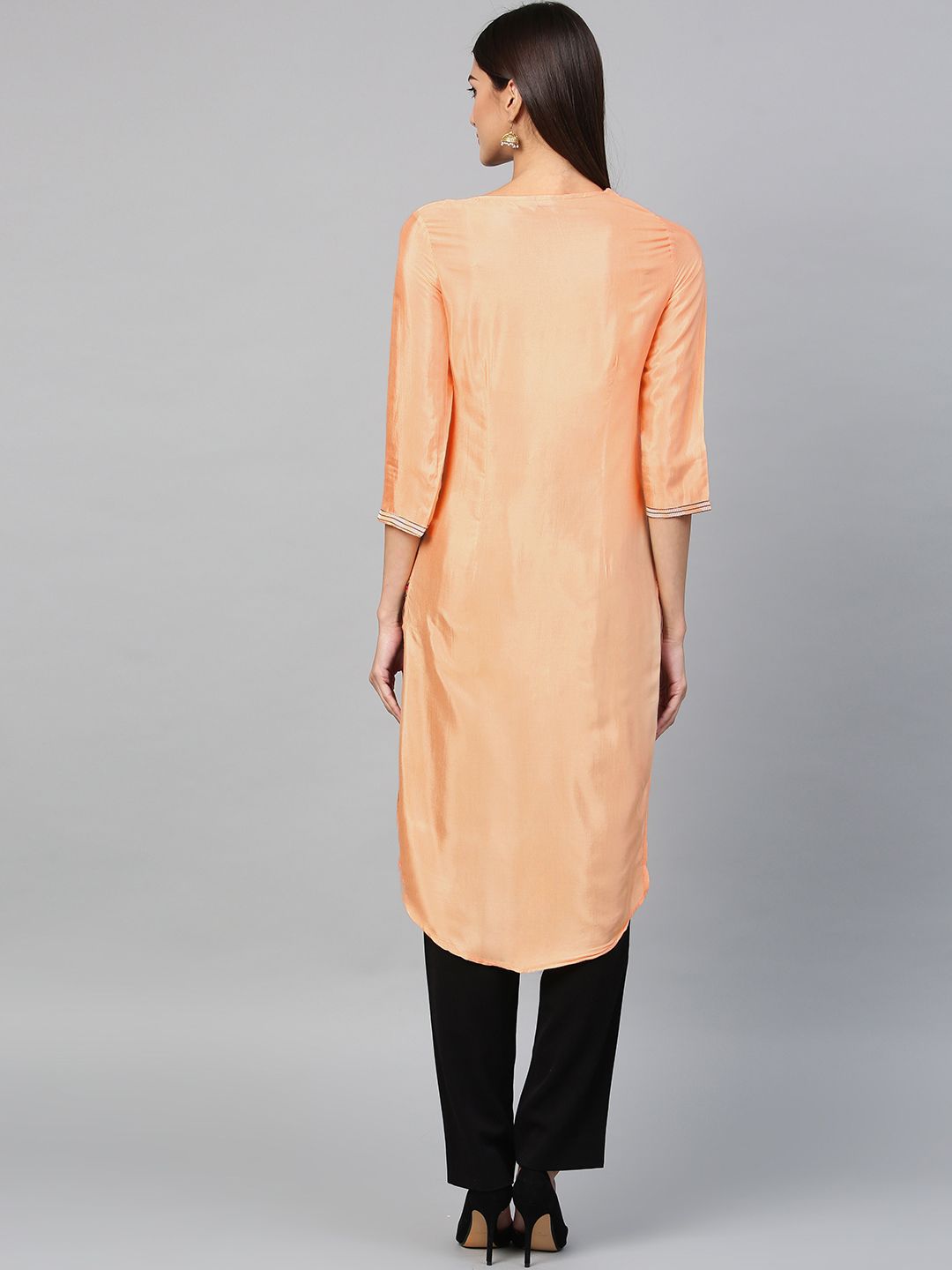 W Women Peach-Coloured Floral Print Straight Kurta
