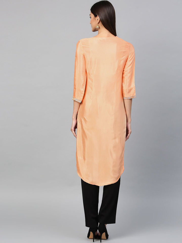 W Women Peach-Coloured Floral Print Straight Kurta