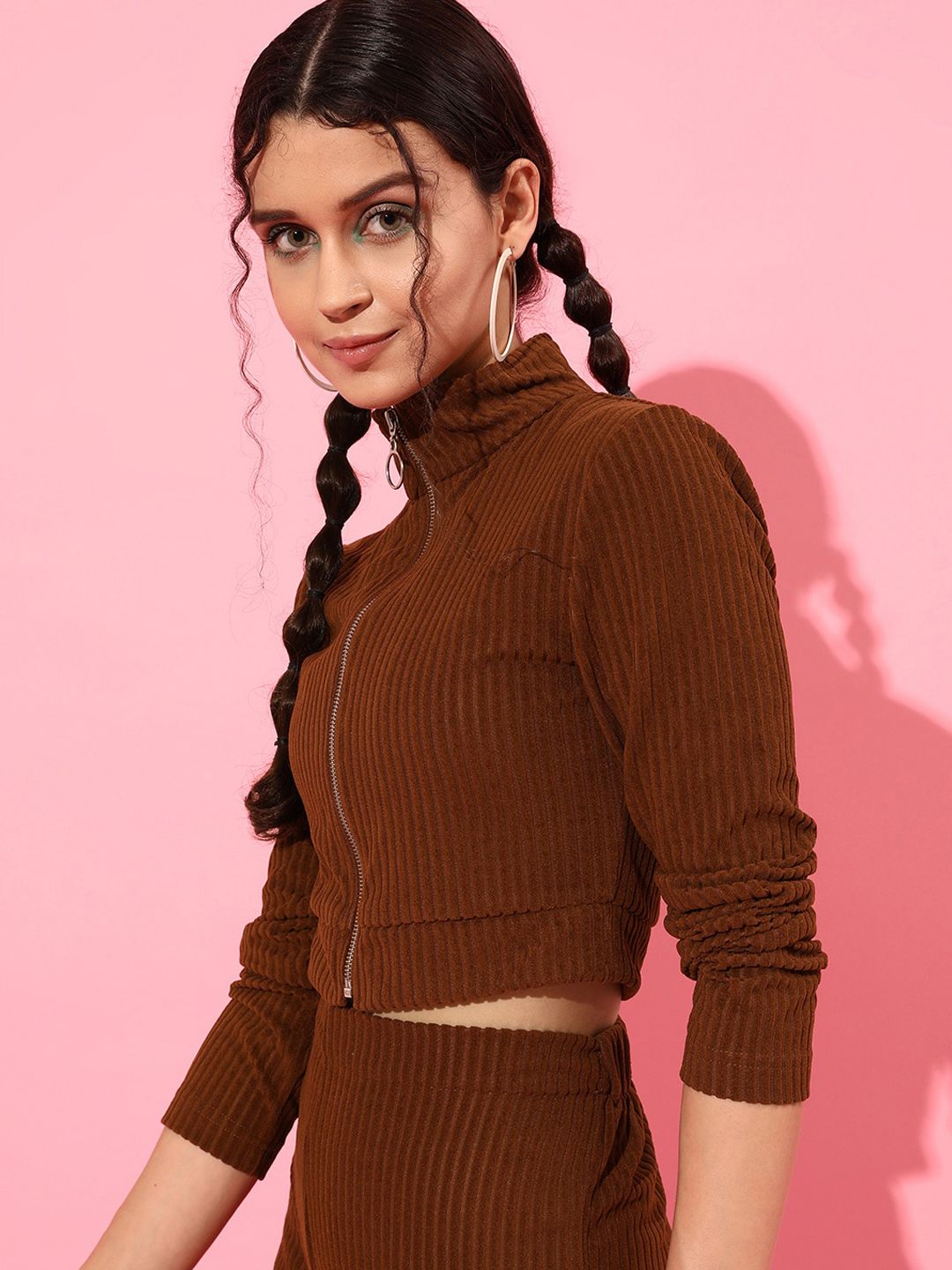 STREET 9 Women Brown Striped Crop Tailored Jacket