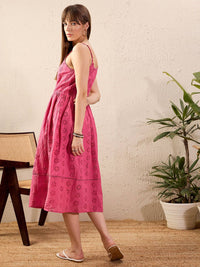 SASSAFRAS Pink Self Design Pure Cotton Fit & Flare Midi Dress