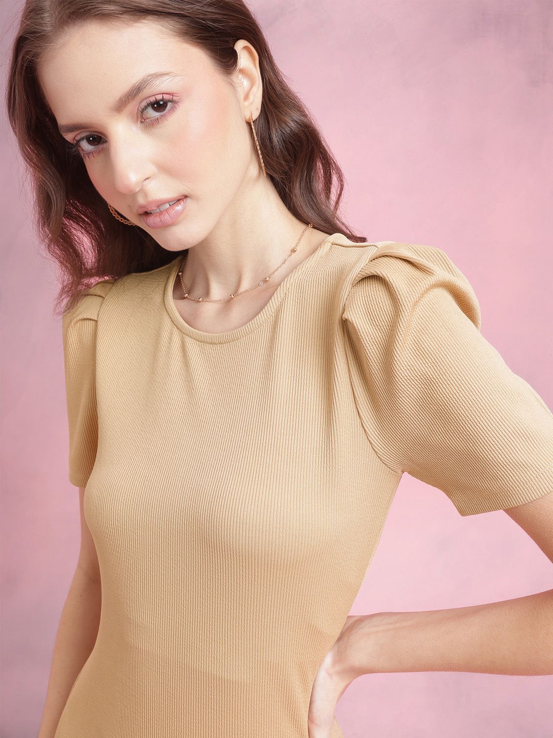 DressBerry Puff Sleeves Ribbed Bodycon Midi Dress