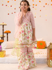 pspeaches Girls Floral Printed Angrakha Gotta Patti Cotton Kurti With Sharara & Dupatta