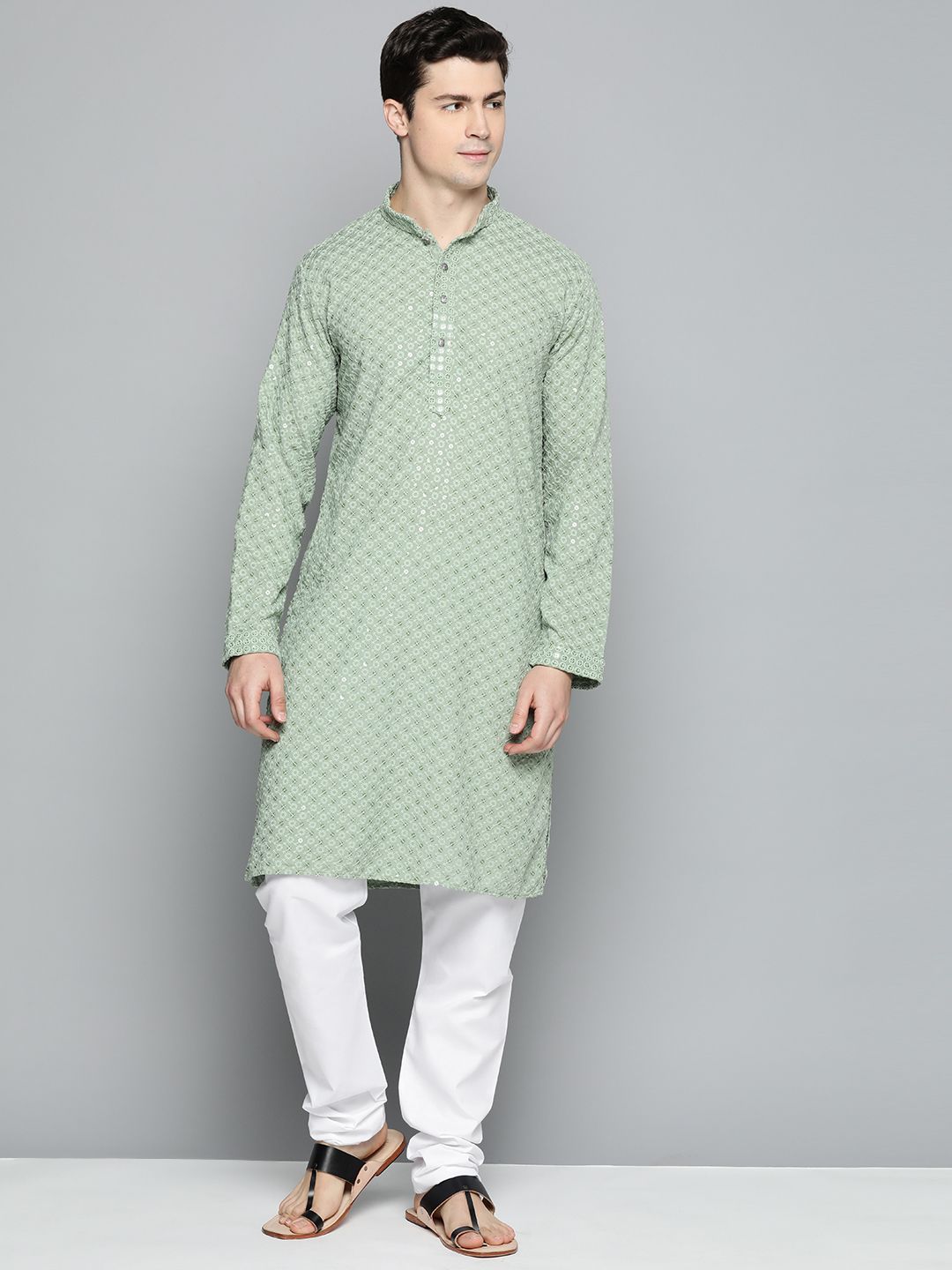 Jompers Men Floral Embroidered Chikankari Pure Cotton Kurta with Pyjamas