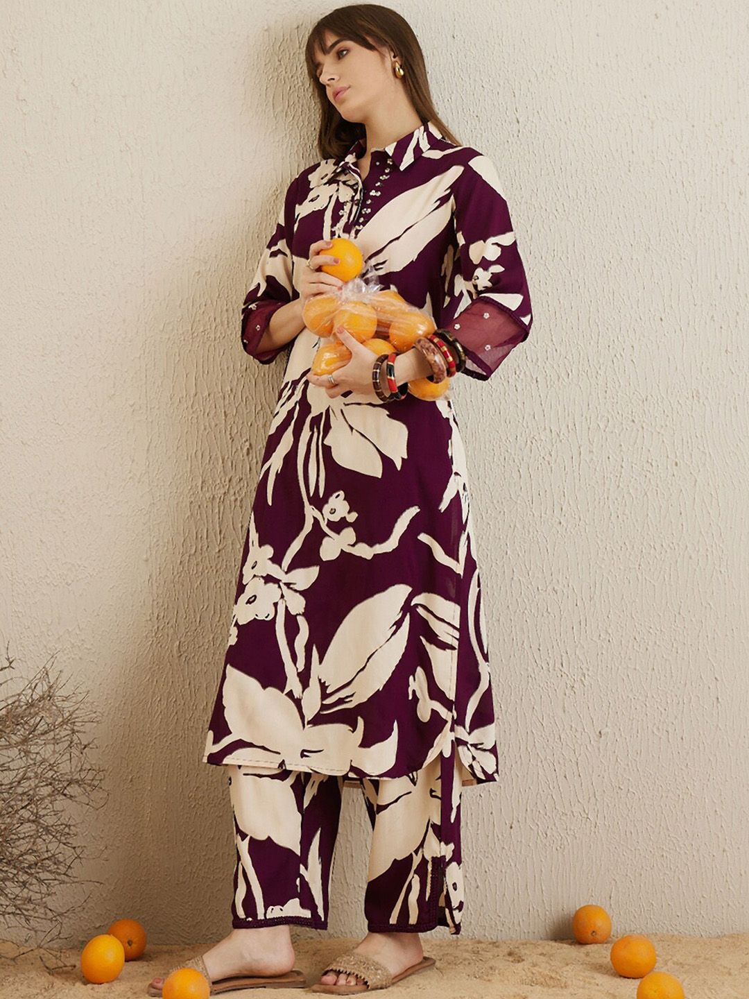 Indo Era Shirt Collar Floral Printed Straight Kurta with Trouser
