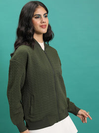 Tokyo Talkies Green Self Design Stand Collar Bomber Jacket